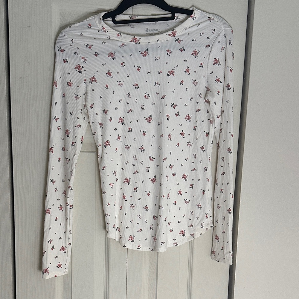 No Boundaries White Long-Sleeve Crewneck Tee with Pink Floral Print